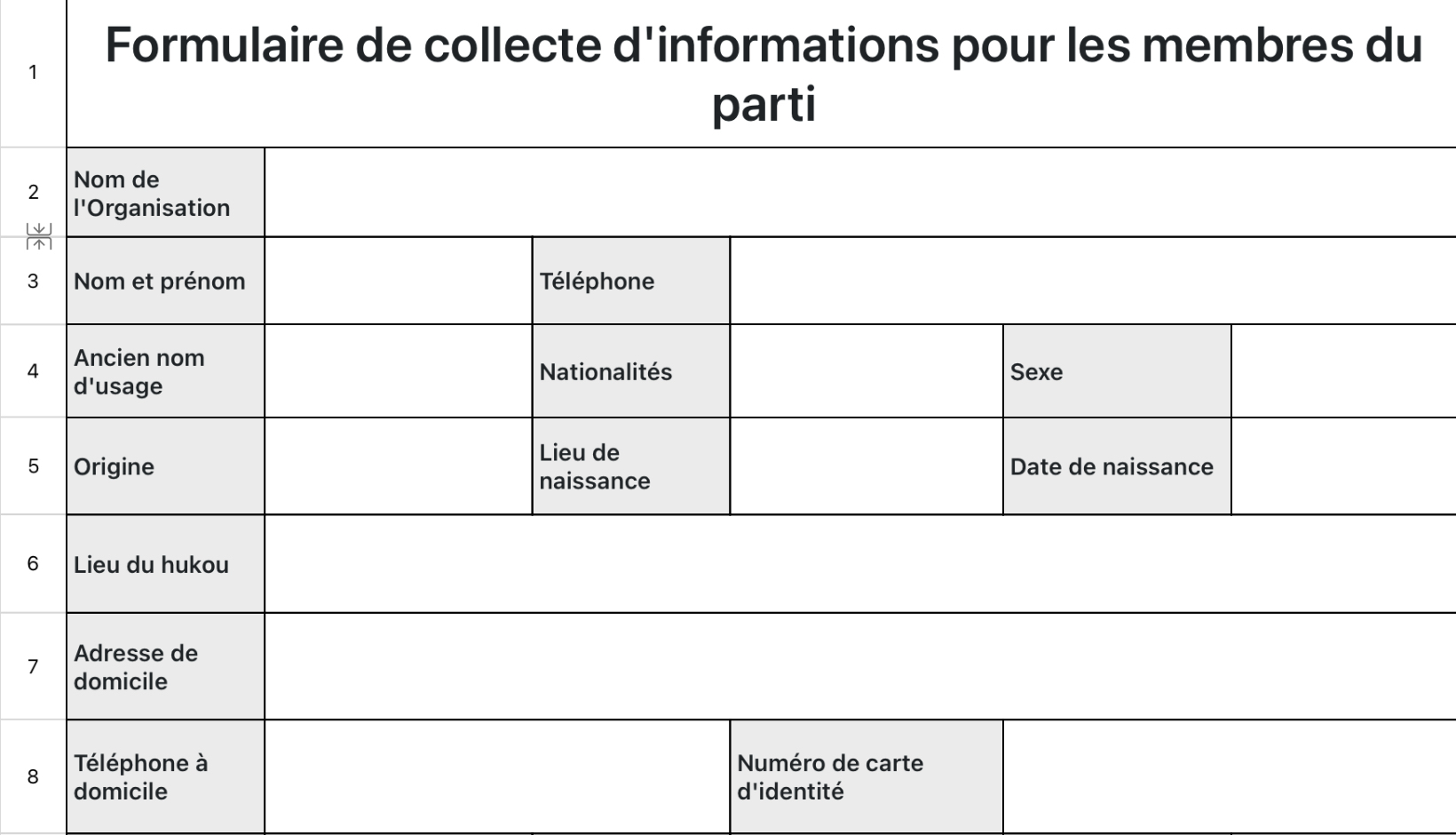 Formulaire de collecte d'informations pour les membres du parti